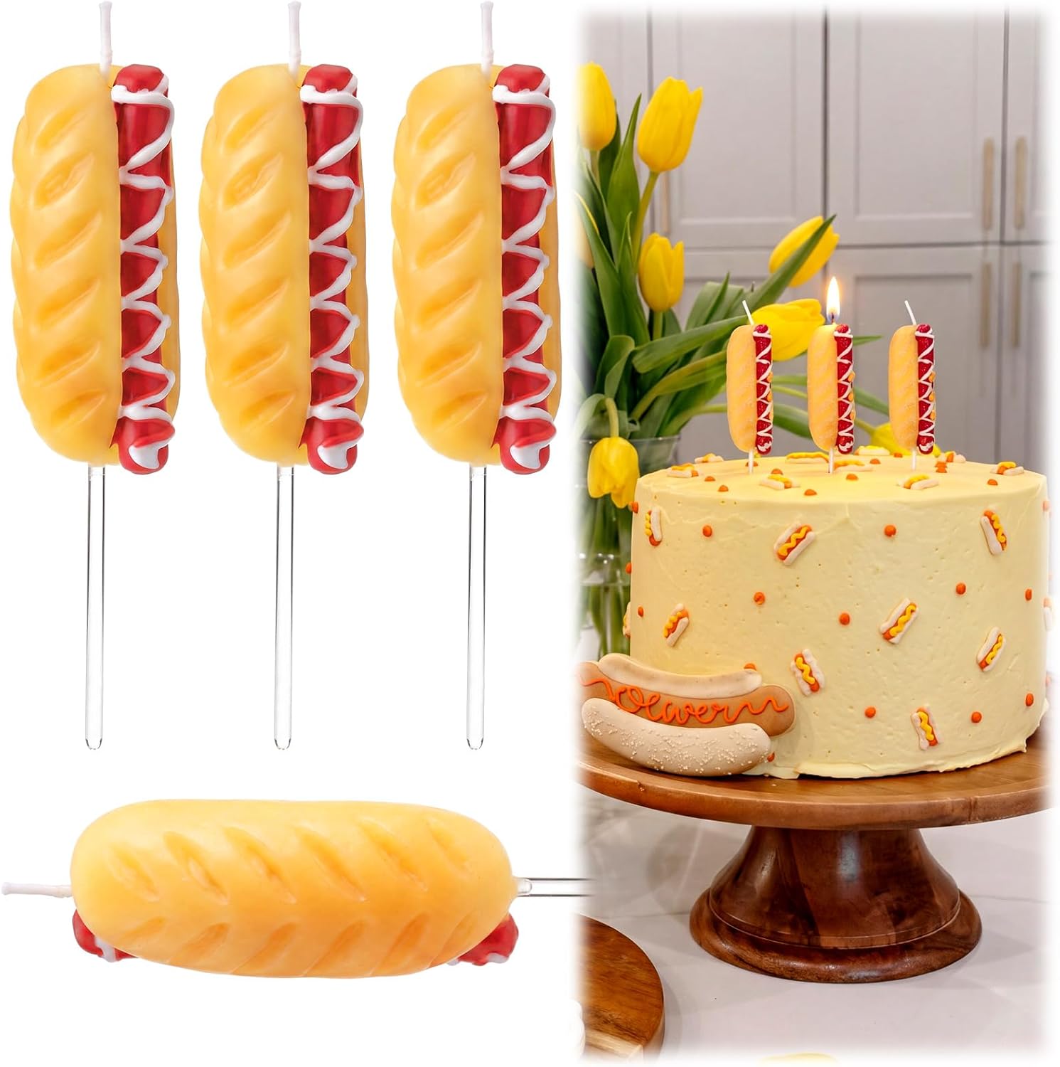 Conelist 3 Pcs Hot Dog Birthday Candle Set Retro BBQ Cookout Party Candles with Wooden Pick Hot Dog Birthday Party Decorations BBQ Cookout Theme Decorations Gift for Family Friends Sausage Lover