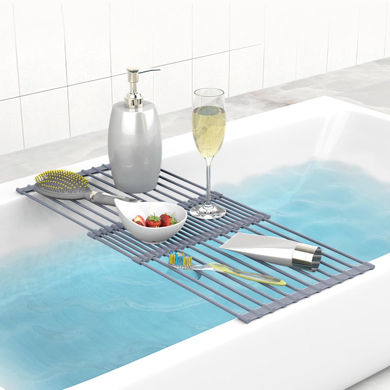 JKJZSALJ Extendable Bathtub Caddy Tray - Sturdy Bathroom Shelf With Drainage Perfect For Candles Wine Glasses Books & Phones - Ideal Bath Rack For Relaxation & Nization
