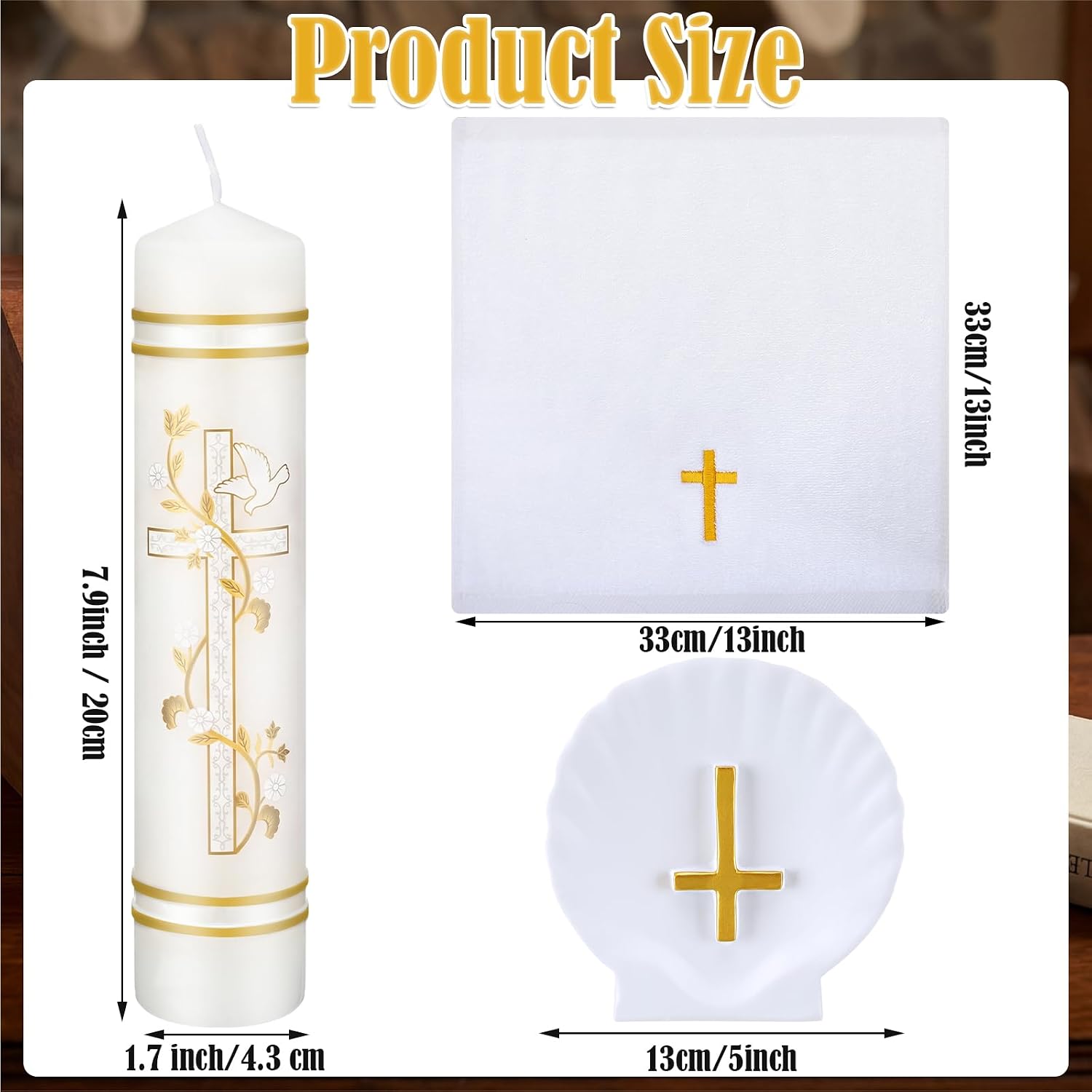 Lyrow Baptism Candle Set Complete Christening Gift Kit with Shell, Candle & Towel, White Gold Communion for Baptism, First Holy Communion, Catholic Sacraments (Simple)