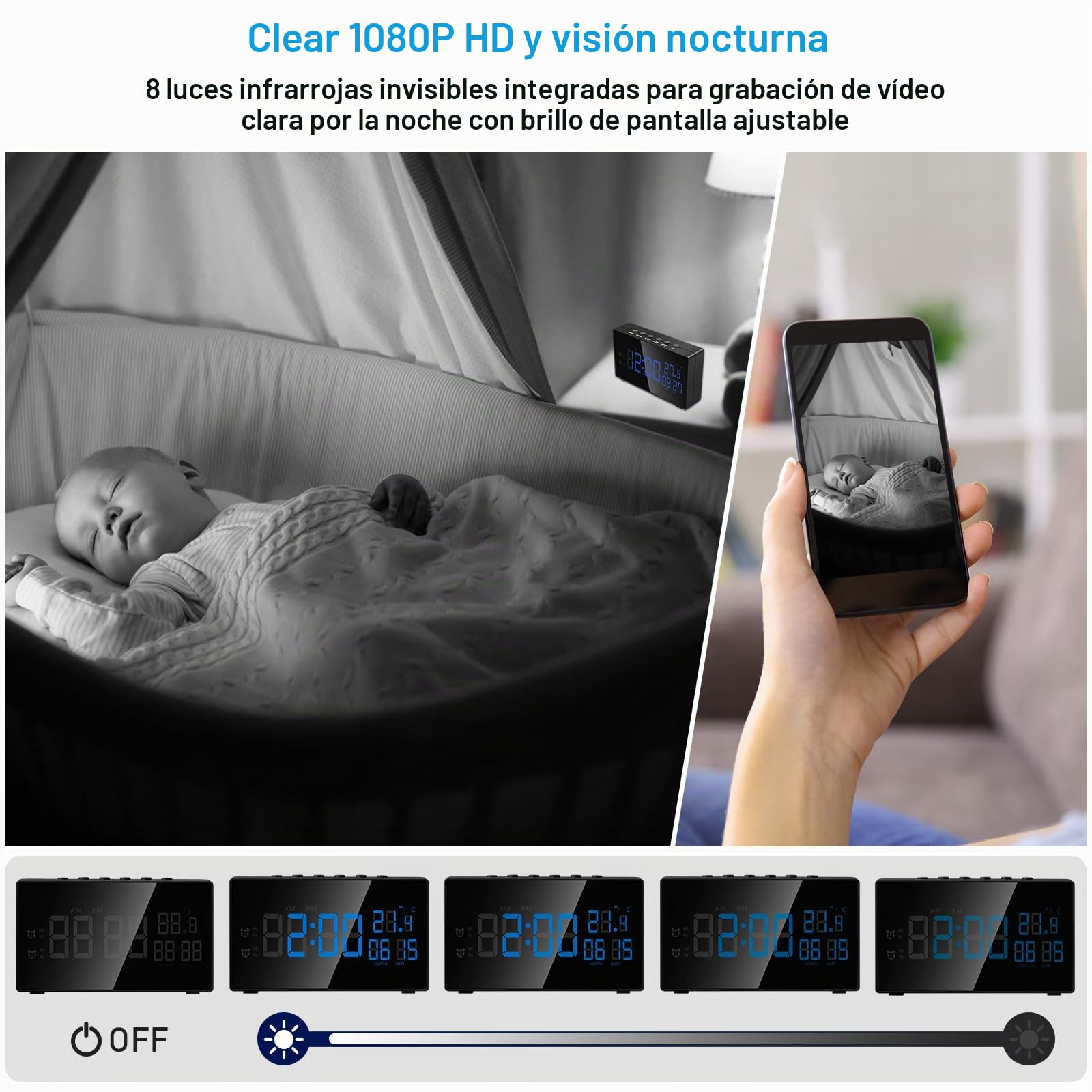 MiniCamara Oculta HD 1080P Spy Camara WiFi Despertador, 2.4/5Ghz WiFi Camara Espia Oculta Invisible Compatible con Visión Nocturna y Detección de Movimiento, App Vigilancia Remota
