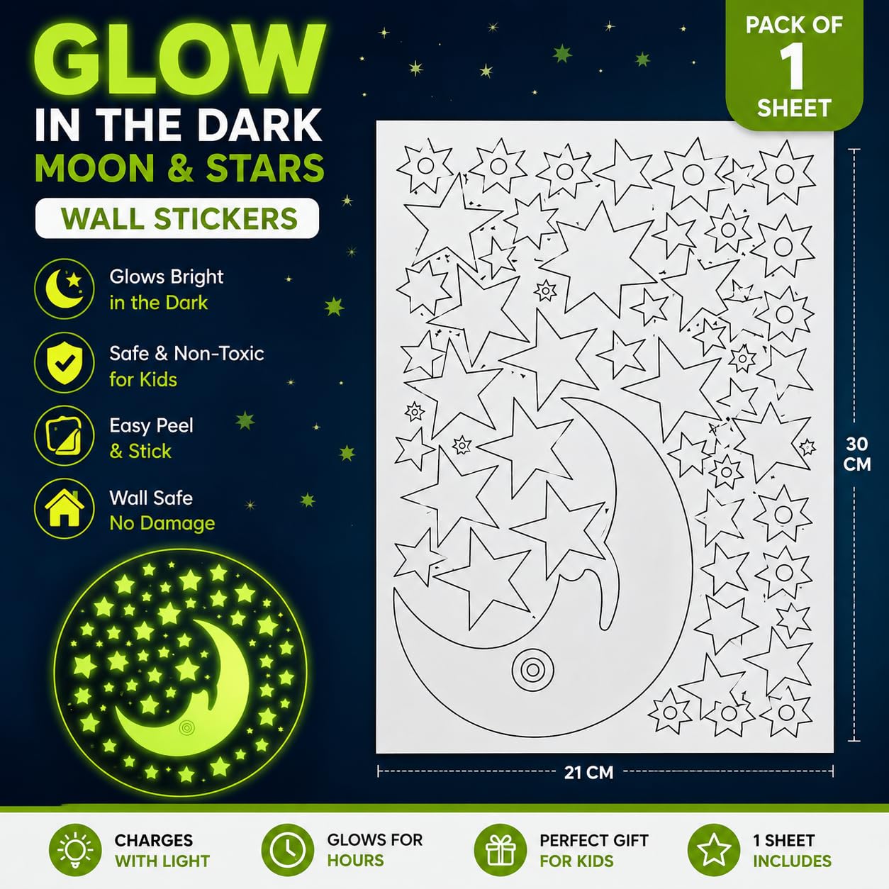 DreamKraft Glow in The Dark Moon & Stars Wall Stickers for Kids Room 1