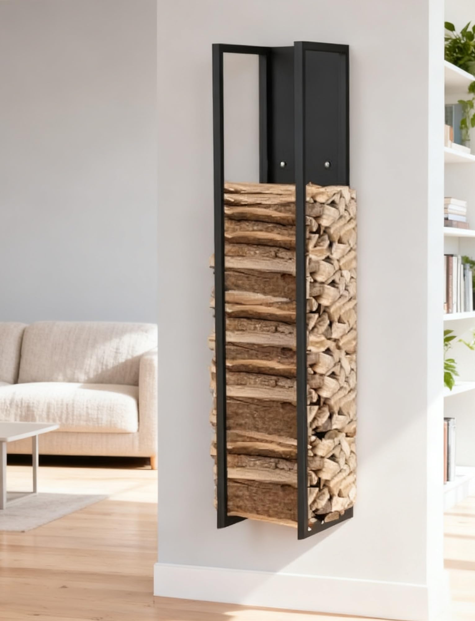 Portalegna da camino in metallo da 39" di altezza, portalegna da camino nero sospeso con ripiano for uso interno ed esterno