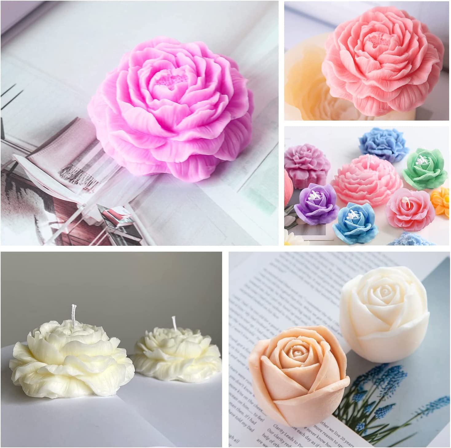 2 Moldes Silicona Velas Peonía Y Rosa - Para DIY, Aromaterapia, Jabones, 10 Cm Y 7 Cm