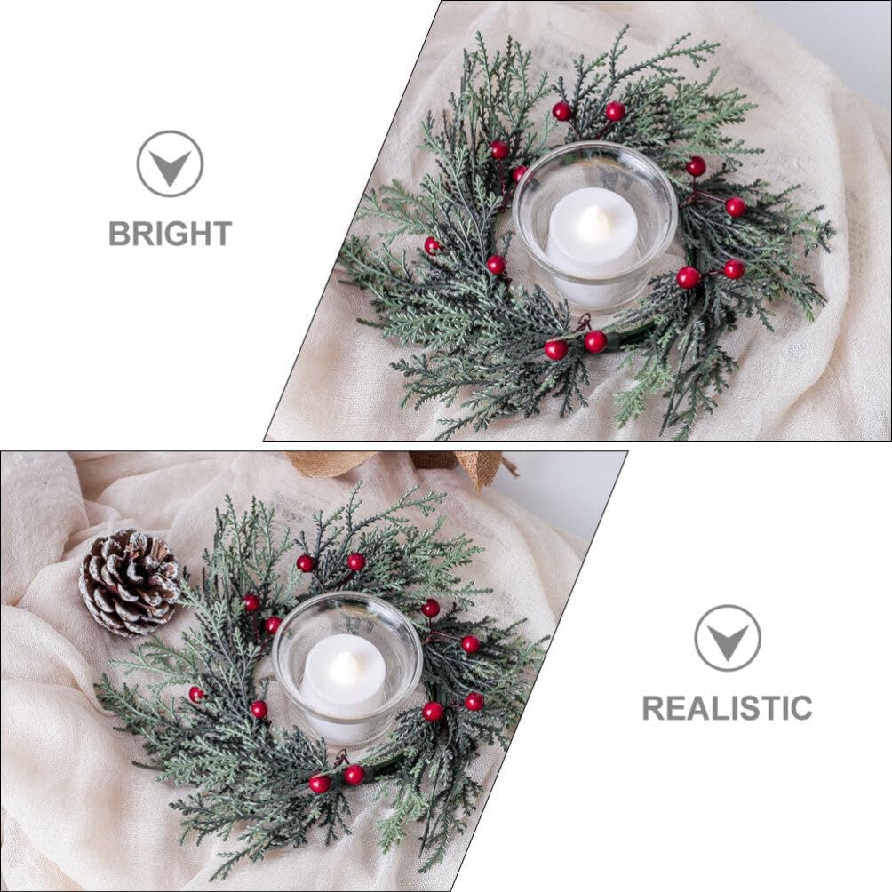 ABOOFAN 4pcs Christmas Candle Rings Wreath Holly Leaves Red Berry Wreath Candle Holder Mini Wreaths for Pillar Kitchen Cabinet Christmas Window Home Table Centerpiece