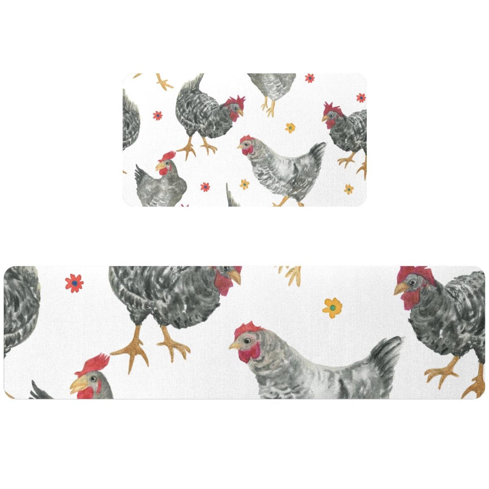 Tapis de cuisine antidérapant lavable lot de 2 poules et fleurs