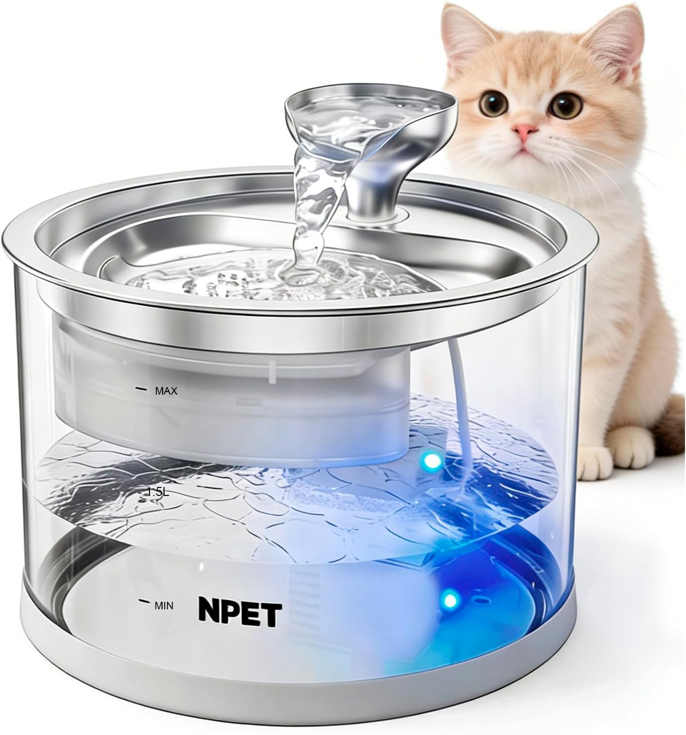 NPET N280 Glass Cat Water Fountain - 2.8L Automatic, Ultra-Quiet Pump with Stainless Steel Tray, Easy to Clean & Eco-Friendly for Cats and Dogs