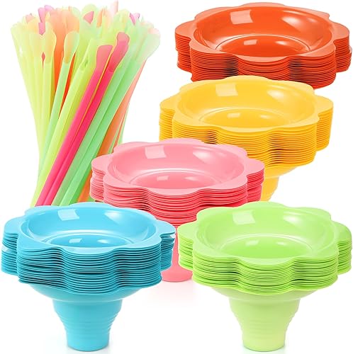 ZENFUN Paquete de 100 tazas de cono de nieve de flores coloridas con 100 pajitas de cuchara de cono, cuenco de cono de nieve de 4 onzas, suministro