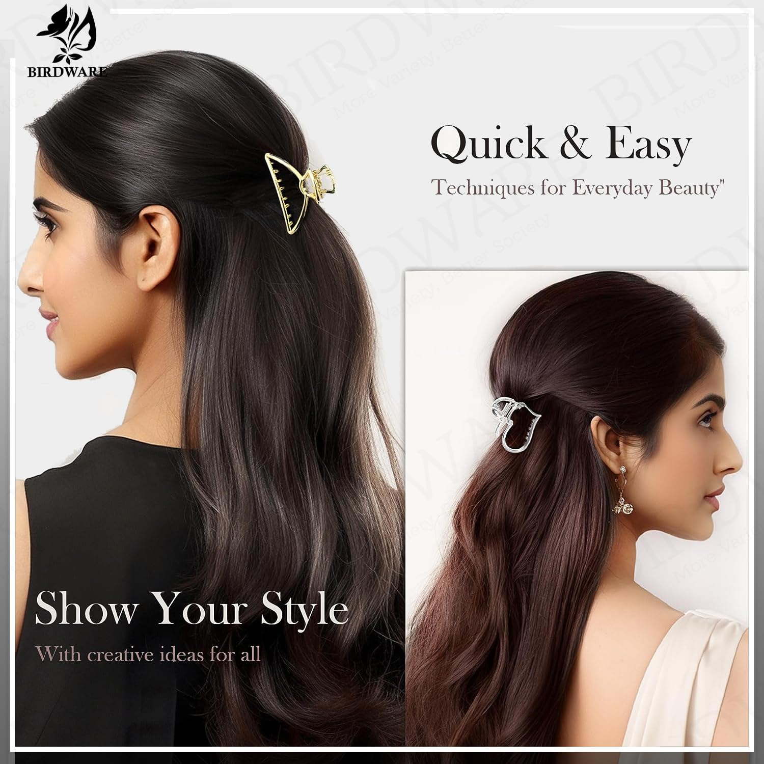 Birdware 6 Pcs Korean Style Vintage Big Gold Metal Hair Claw Cat Ears Geometric Hair Clip Clutches Hairpin Flower Barrette Jaw Clamp Hair Accessories For Women Girls (Style 1)