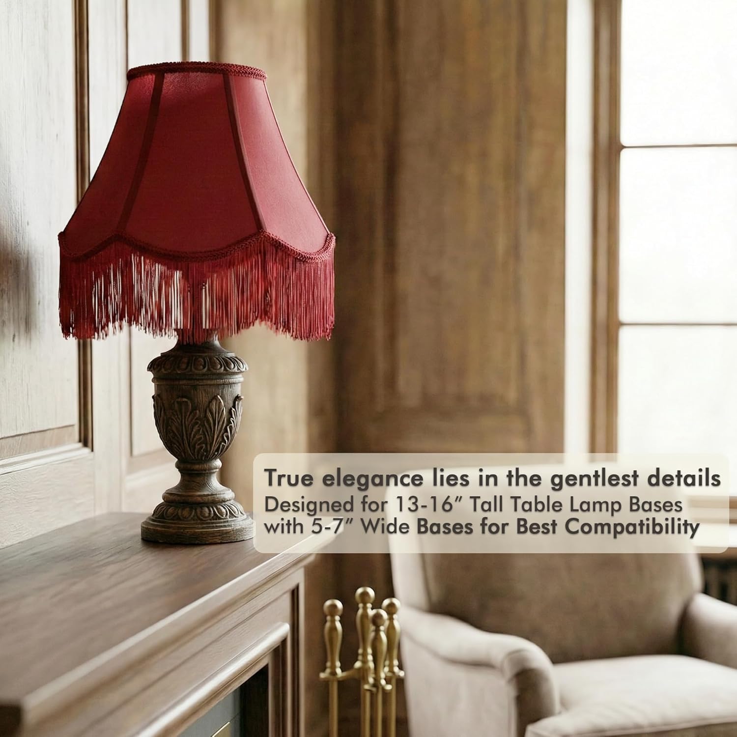 Burgundy Bell Fringe Lamp Shades Set of 2, 6" x 13" x 10.6"(Spider) Victorian Scalloped Trim Lampshades, Slub Textured Fabric Replacement Lamp Shades for Table Lamps, Easy Assembly