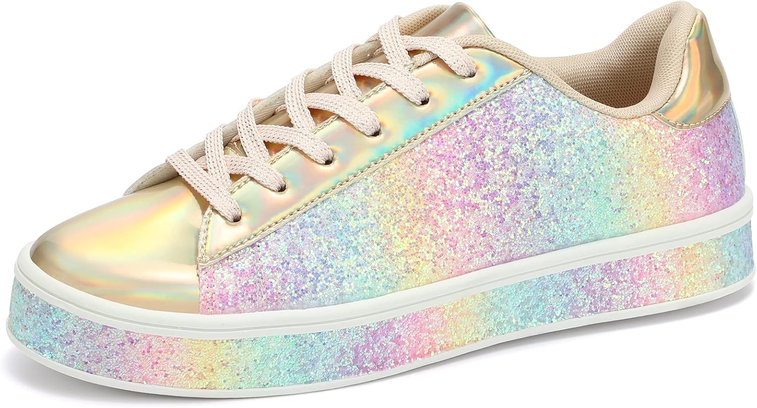 UUBARIS Women's Glitter Tennis Sneakers Neon Dressy Sparkly Sneakers Rhinestone Bling Wedding Bridal Shoes Shiny Sequin Shoes
