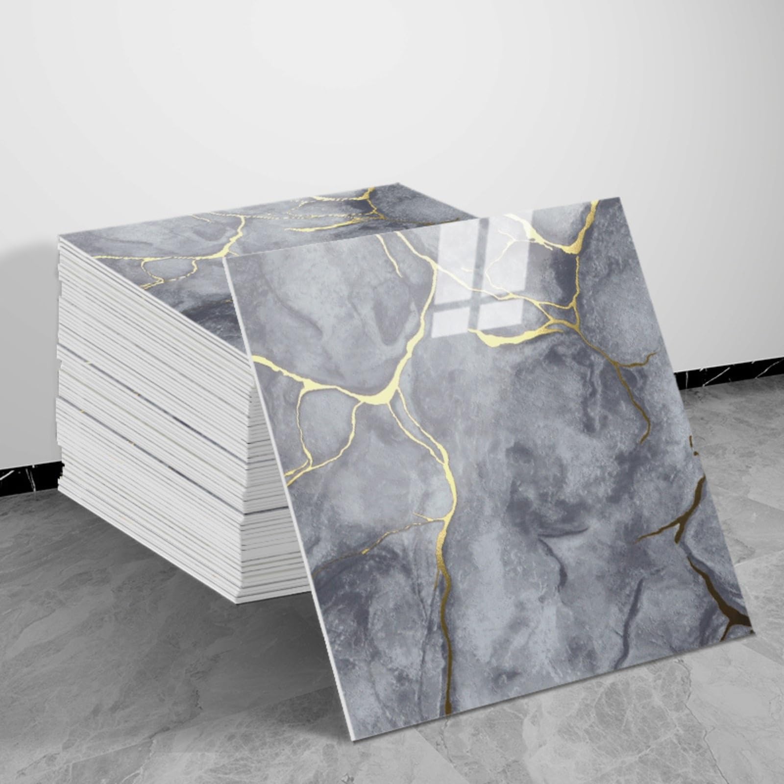 30x30cm Peel and Stick Marble Wall Tiles with Gold Veins, Glossy Waterproof PVC Backsplash for Kitchen Bathroom (10pcs-30x30cm,260)