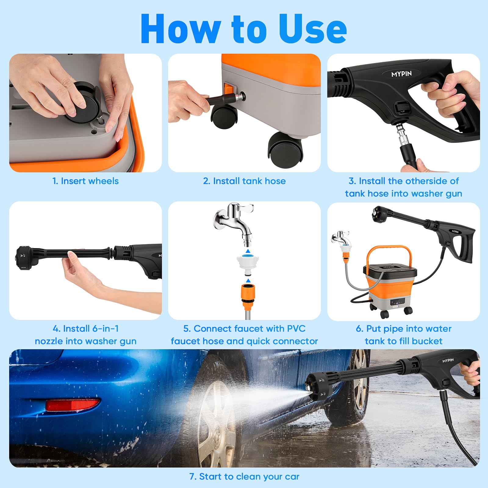 Nettoyeur Haute Pression sans Fil avec Réservoir d'eau Pliable de 12.9L | Buse 6-en-1, 7 Niveaux de Pression Réglables, 660 PSI, pour le Nettoyage des Voitures, Sols, Murs, Clôtures