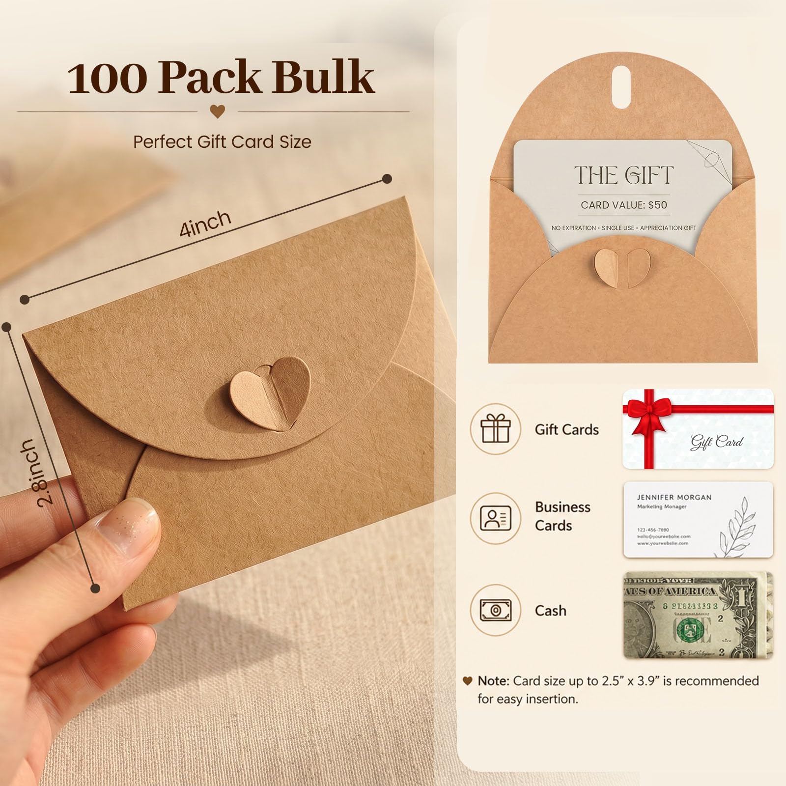 HANSGO 100PCS Mini Gift Card Envelopes, 4 x 2.8 Inch Gift Card Holders with Heart Clasp, for Wedding, Birthday, Baby Shower, Christmas, Business Cards