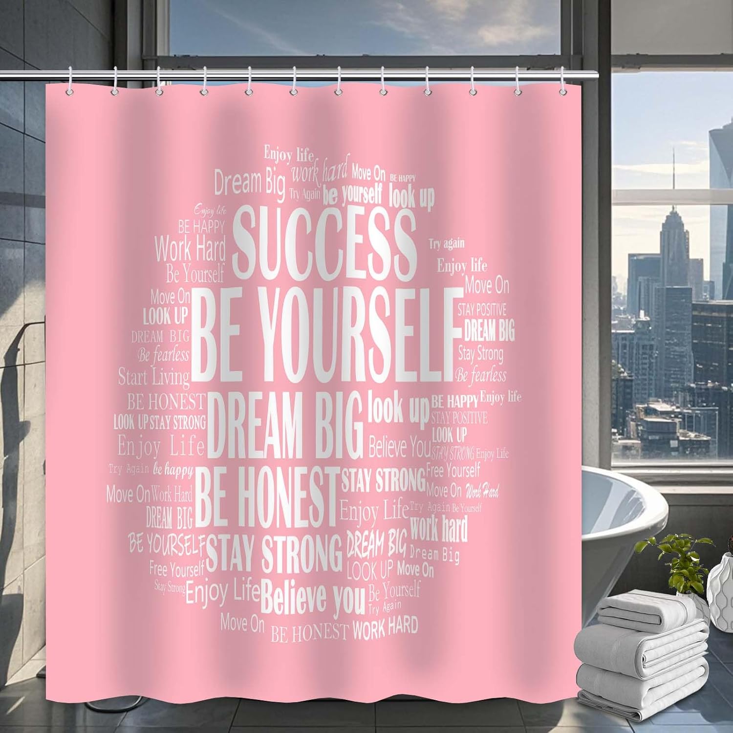 Inspirational Shower Curtain Positive Affirmations Motivational Bathroom Decor for Girls Quotes Pink and White Bath Curtain, Waterproof Cloth Fabric with Hooks, 72x72 inch
