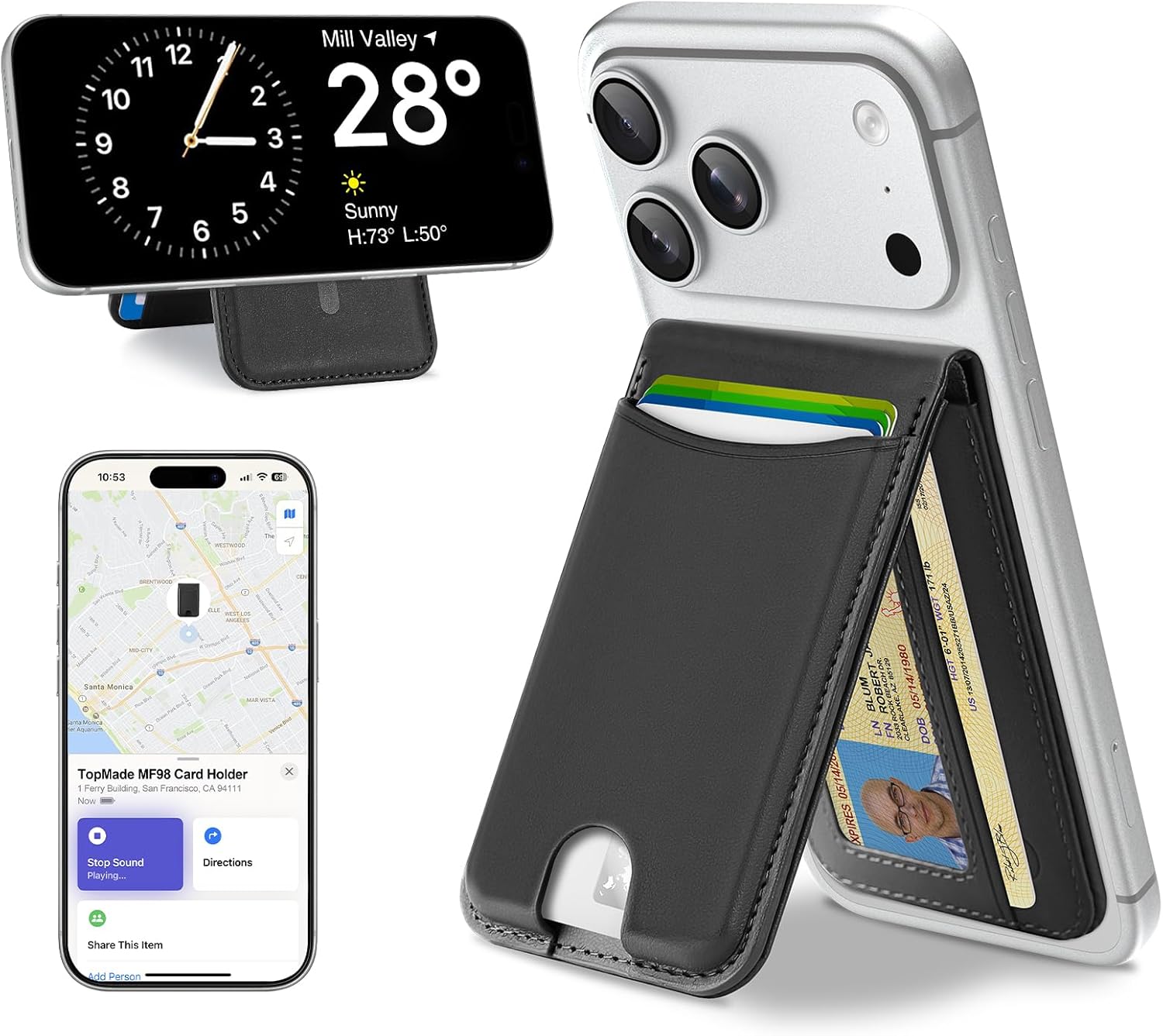 TopMade for MagSafe Wallet, Works with Apple Find My, Strongest Magnetic Wallet with Stand, 6 Card Holder, RFID Blocking, Magnetic Card Holder for iPhone 17/16/15/14/13/12 Series, Rechargeable, Black