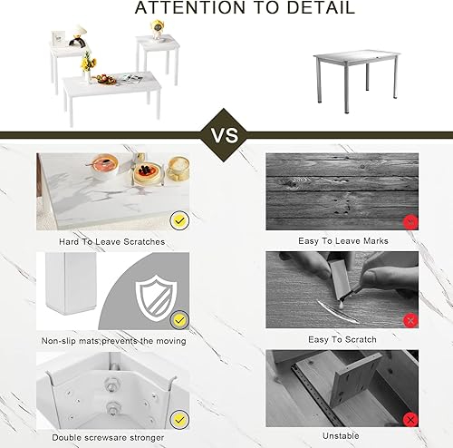 Miniatura 5 de Hooseng Juego de mesa auxiliar de 3 piezas, estilo de mesa de mármol sintético con marco de metal negro, mesas auxiliares perfectas para muebles