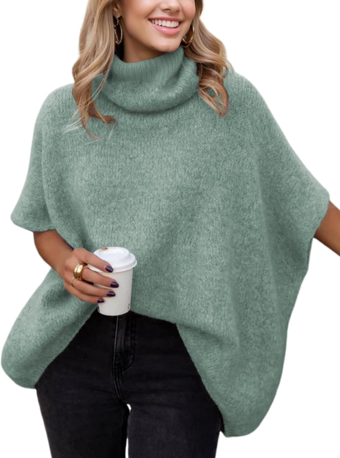 Womens Turtleneck Batwing Sleeve Sweater Knitted Oversized Chunky Short Dolman Tops