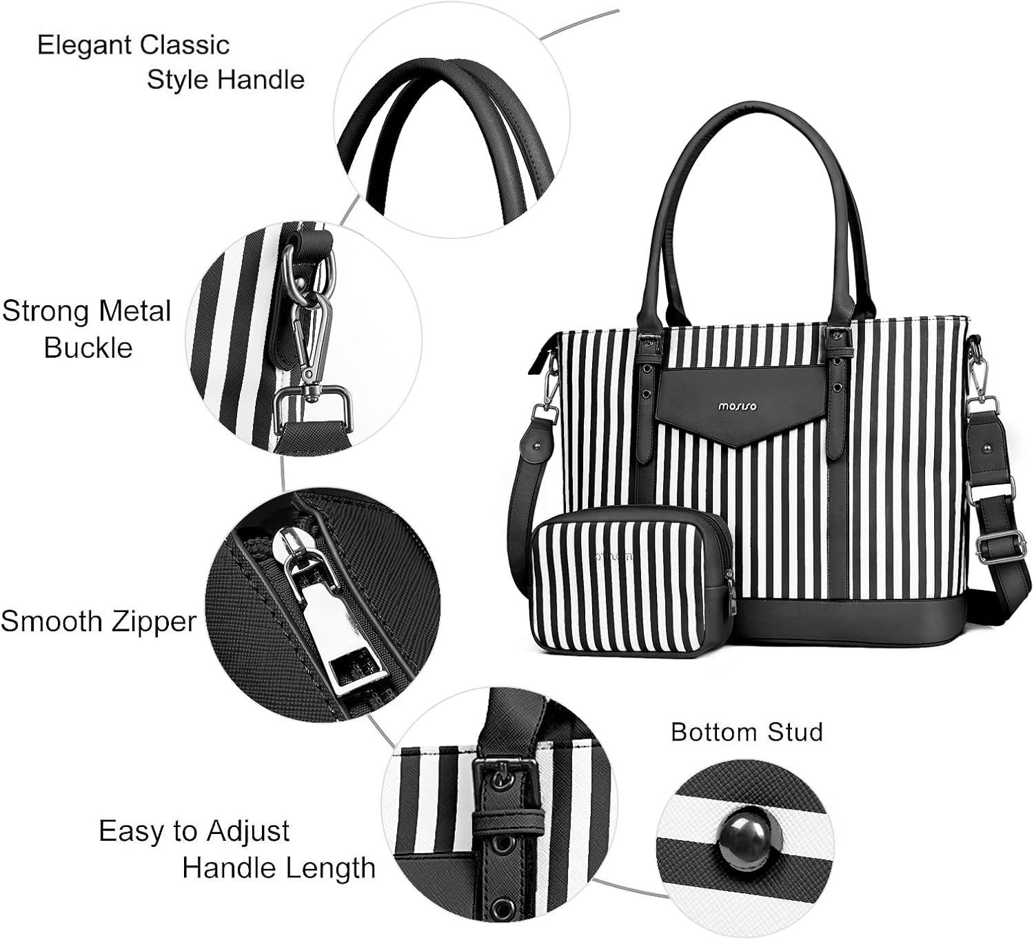 MOSISO Laptop Tote Bag for Women Compatible with MacBook, 17-17.3 inch Notebook and Chromebook, Waterproof Vertical Stripe PU Leather Travel Computer Bag with Envelope Pocket & Small Purse, Black - Image 2