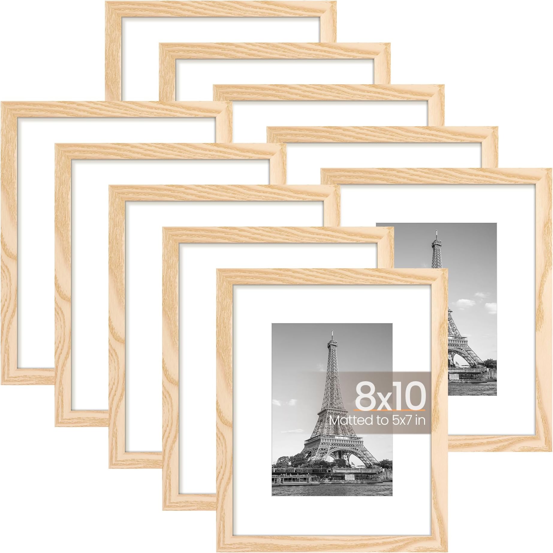 upsimples 8x10 Picture Frame Set of 10, Display Pictures 5x7 with Mat or 8x10 Without, Multi Photo Frames Collage for Wall or Tabletop Display, Natural