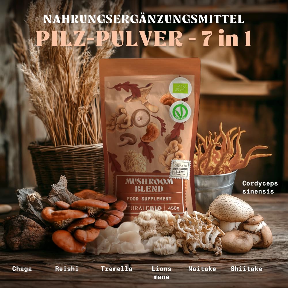 NaturaleBio Mushroom Powder 200g. 7 Vitalpilze Bio. Reishi, Löwenmähne, Chaga, Maitake, Cordyceps, Shiitake, Tremella. Vegan, Glutenfrei und ohne GMO. Verbessert die Energie und kognitive Funktionen