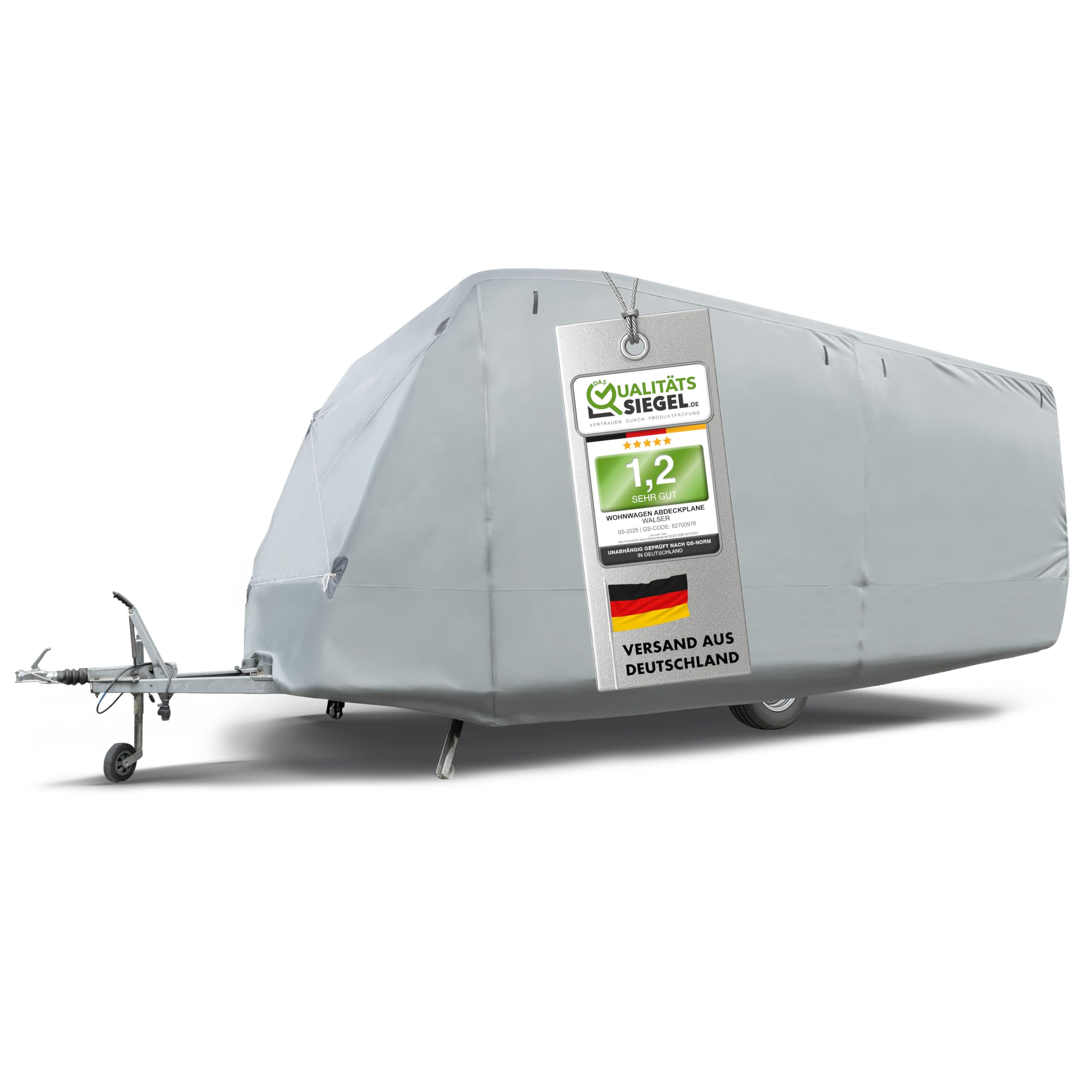 WALSER Premium Wohnwagen Abdeckplane, 100% wetterfeste Wohnwagenabdeckung, wasserdichte Wohnwagenplane mit UV-Schutz, Wohnwagen Schutzhülle, Wohnwagen Abdeckung inkl. Aufbewahrungstasche 470x250x220cm