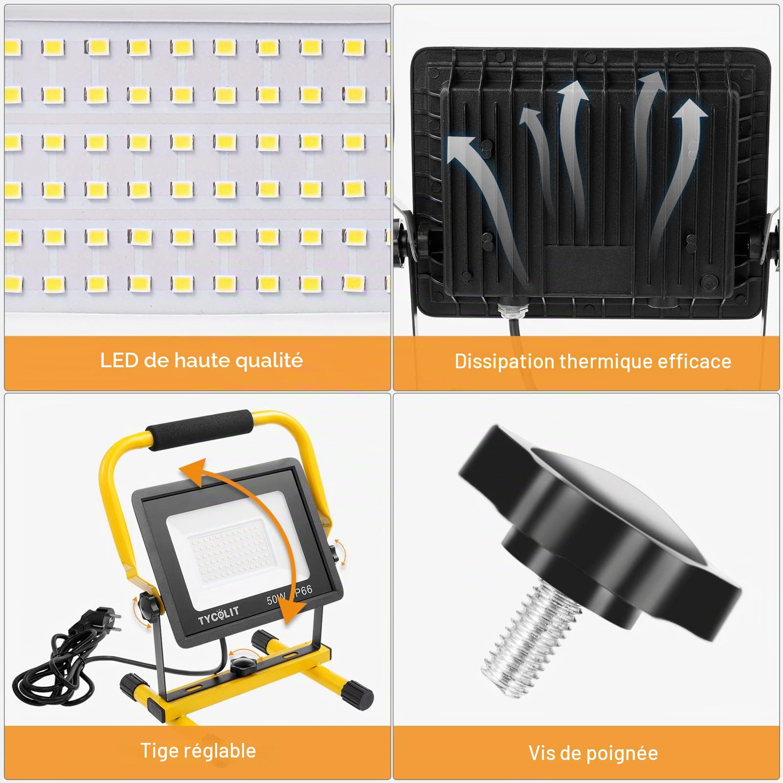 Projecteur LED Chantier 100W,10000LM Chantier avec Câble de 3M,6500K Blanc Froid Lampe Chantier,LED Lampe de Travail étanche IP65,Eclairage de Travail pour Atelier, Garage