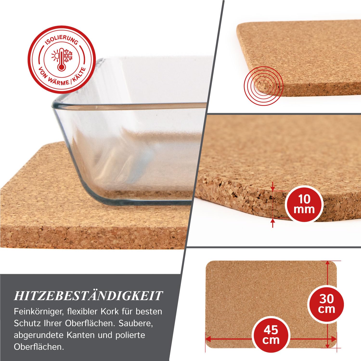 Tappetino in sughero Cleverbrand, resistente al calore, rettangolare (45 x 30 x 1 cm), ideale come sottopentola per casseruole, pentole o padelle di grandi dimensioni - Made in Portugal