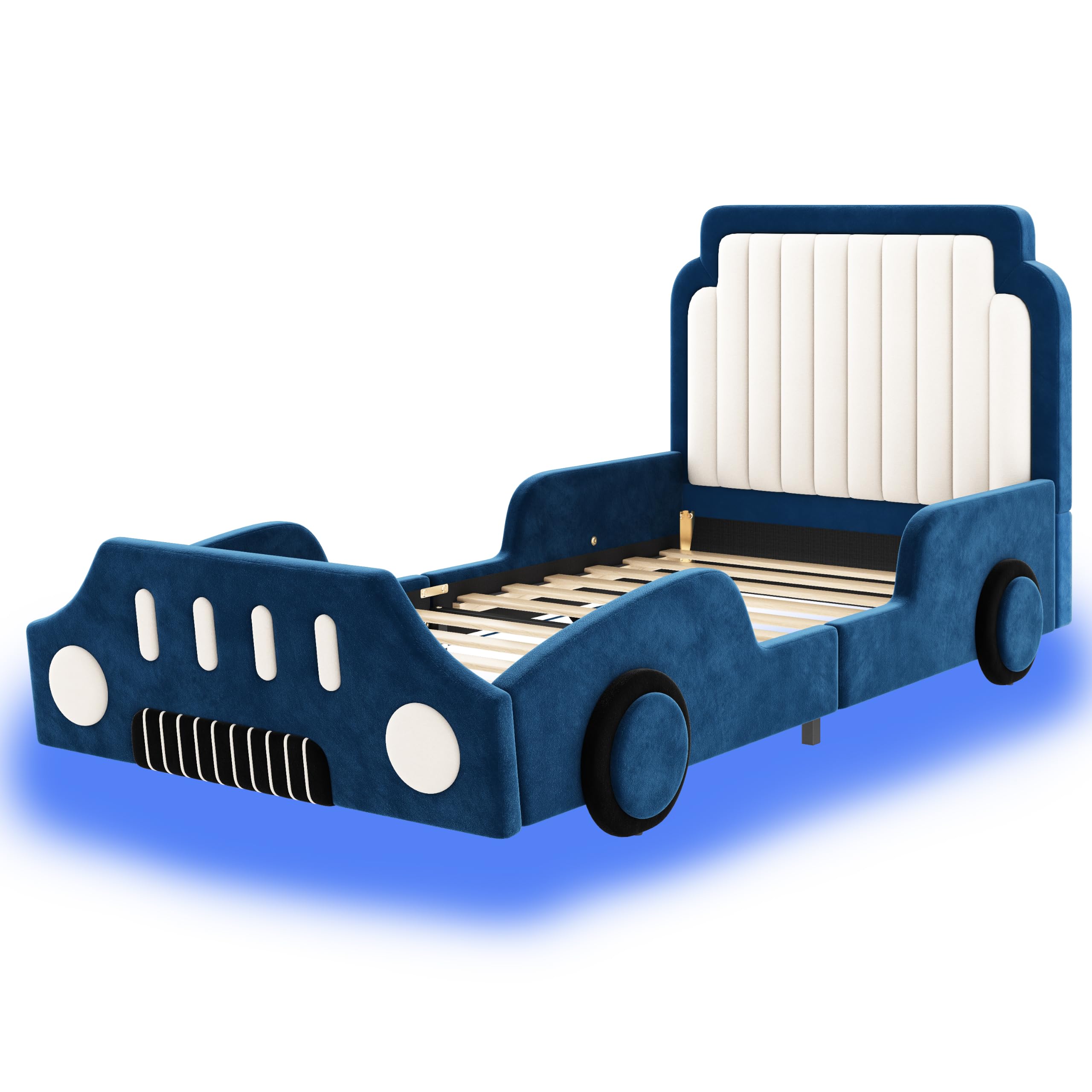 Polsterbett Einzelbett 90x200cm, Autoförmiges Design, Kinderbett mit LED und Schutzgeländer, Aufregendes Auto Kinderbett für kleine Rennfahrer, Kinder Spielbett mit Lattenrost, Samt (Blau-1, 90x200CM)