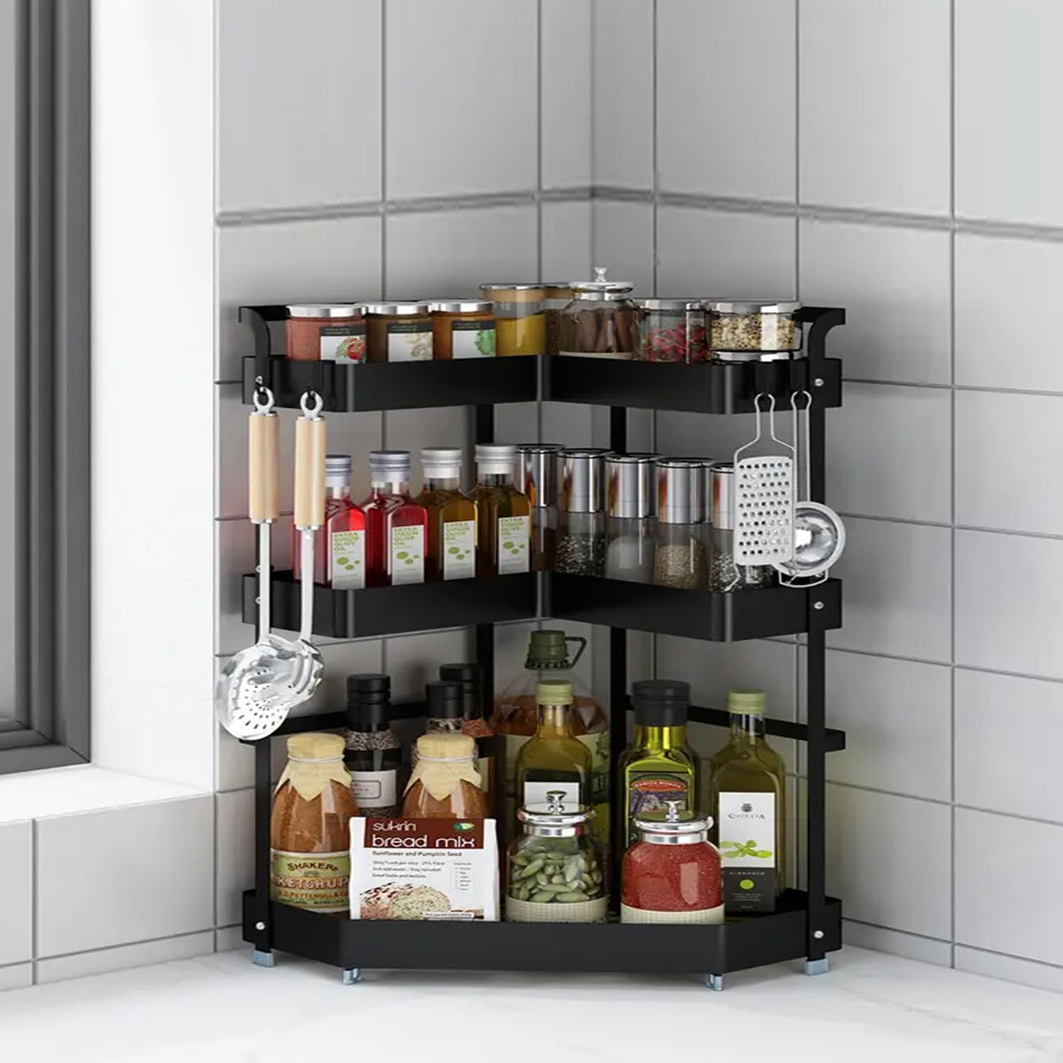 Kuber Industries Corner Kitchen RackSpice Rack,Chopsticks Rest, Knife Holder4 Hooks Kitchen
