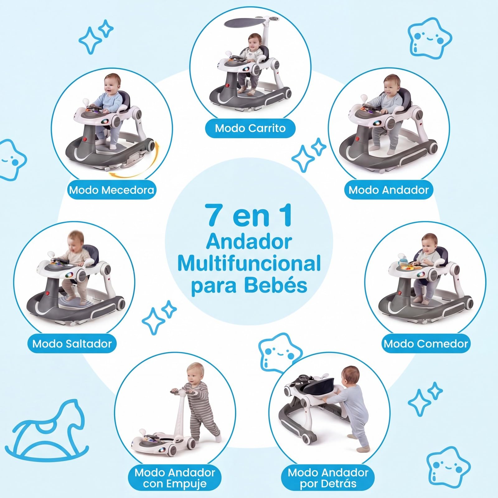 COSTWAY 7 en 1 Andador Bebes con Capota, Tacata Bebe Plegable con Altura y Velocidad Regulables con Modo Mecedora, Música, Luces y Diseño Antivuelco,Caminador para Bebe de 7-18 Meses (Gris y Blanco) - 2