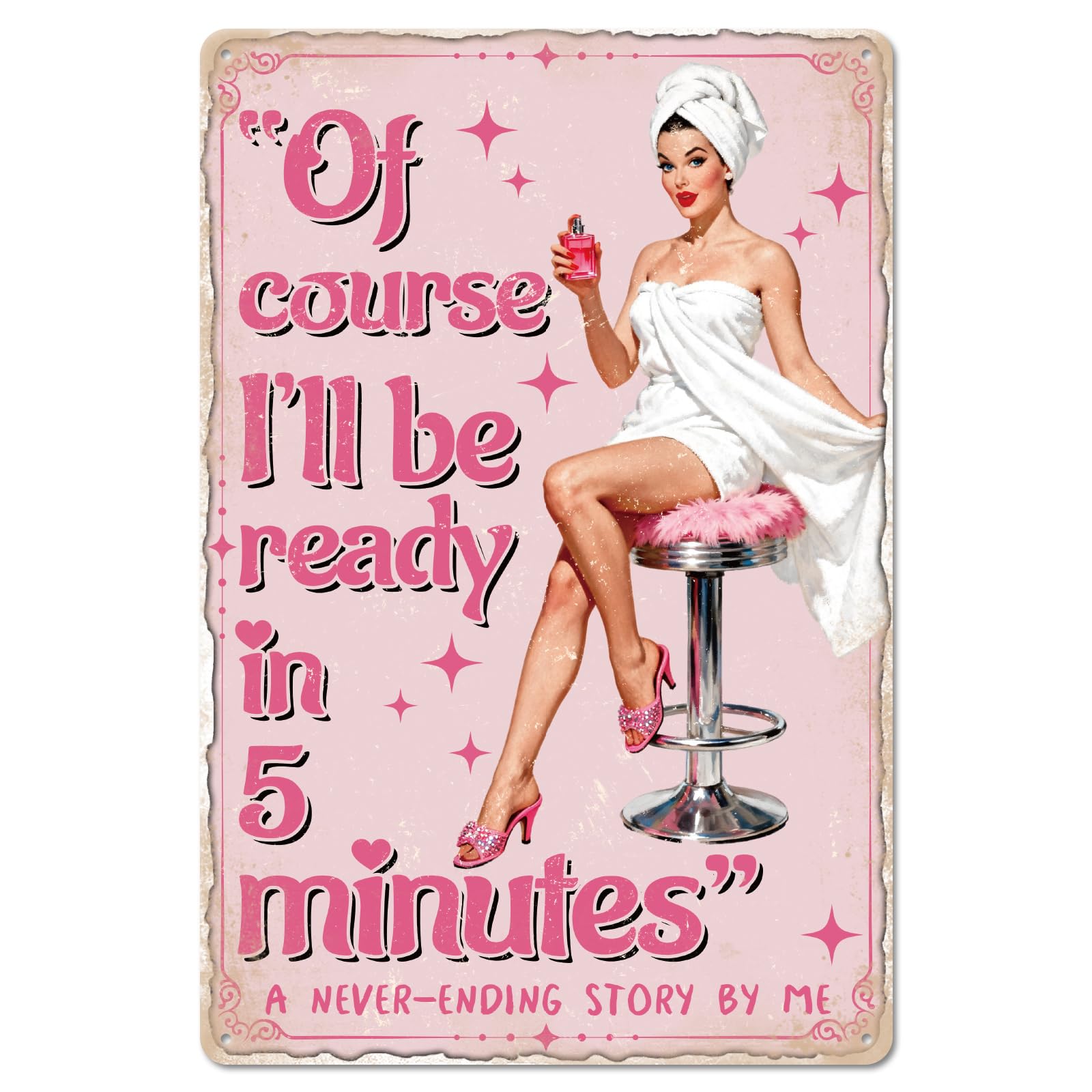 GLOBLELAND Pink Dressing up Woman Metal Tin Sign 12x8 inch Sexy Pin up Lady Tin Signs Decor Funny Perfume Woman Metal Wall Plaque for Bathroom Home Room Farmhouse Cafes Store Bar Kitchen Decor