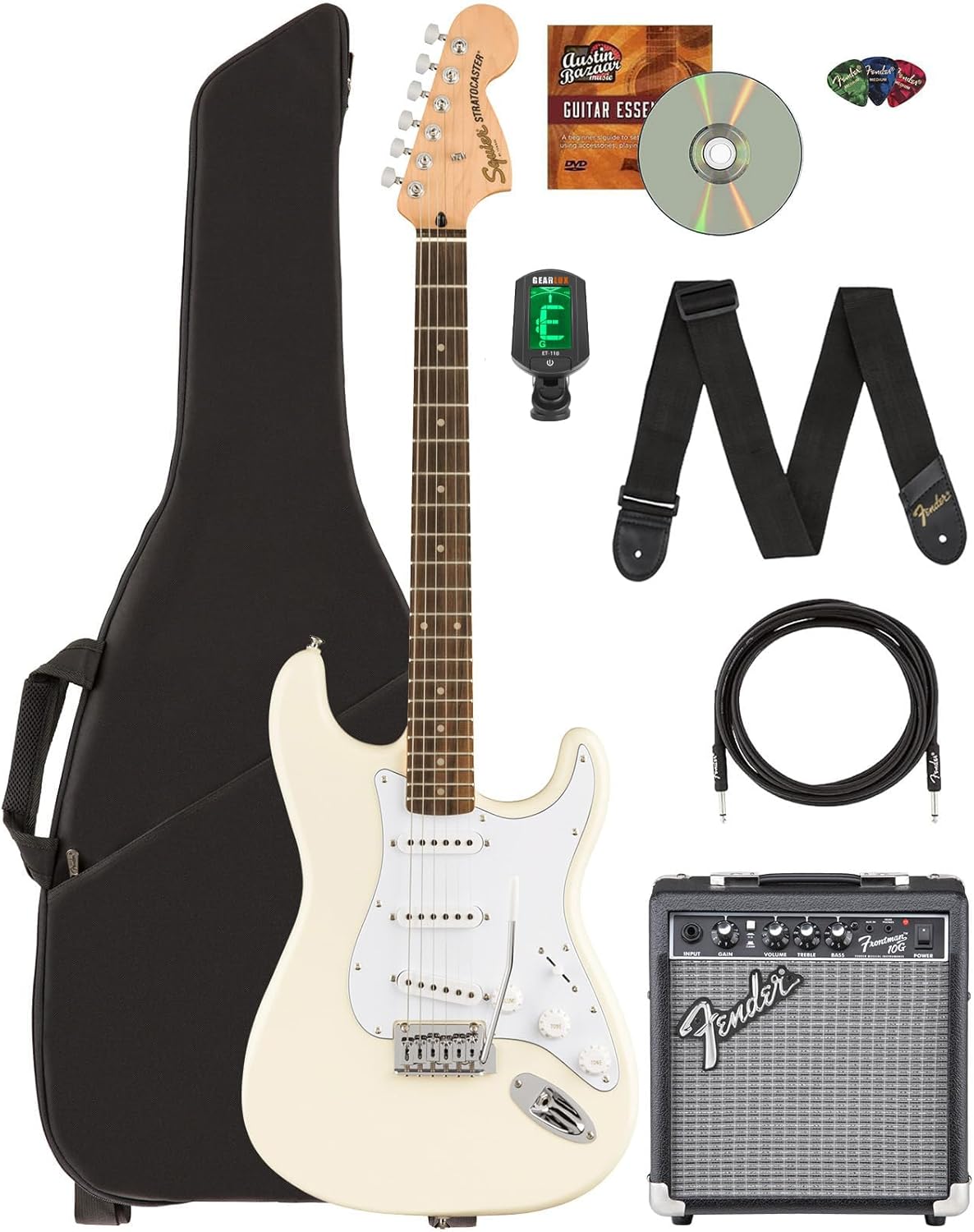 Fender Squier Affinity Stratocaster Limited Edition - Olympic White Bundle with Frontman 10G Amplifier, Gig Bag, Tuner, Instrument Cable, Strap, Picks, and Austin Bazaar Instructional DVD