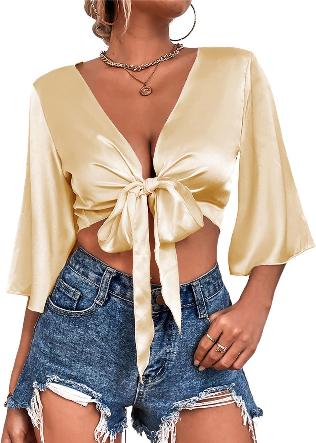Women's Deep V Neck Half Sleeve Self Tie Knot Front Satin Crop Top Blouse Shirt