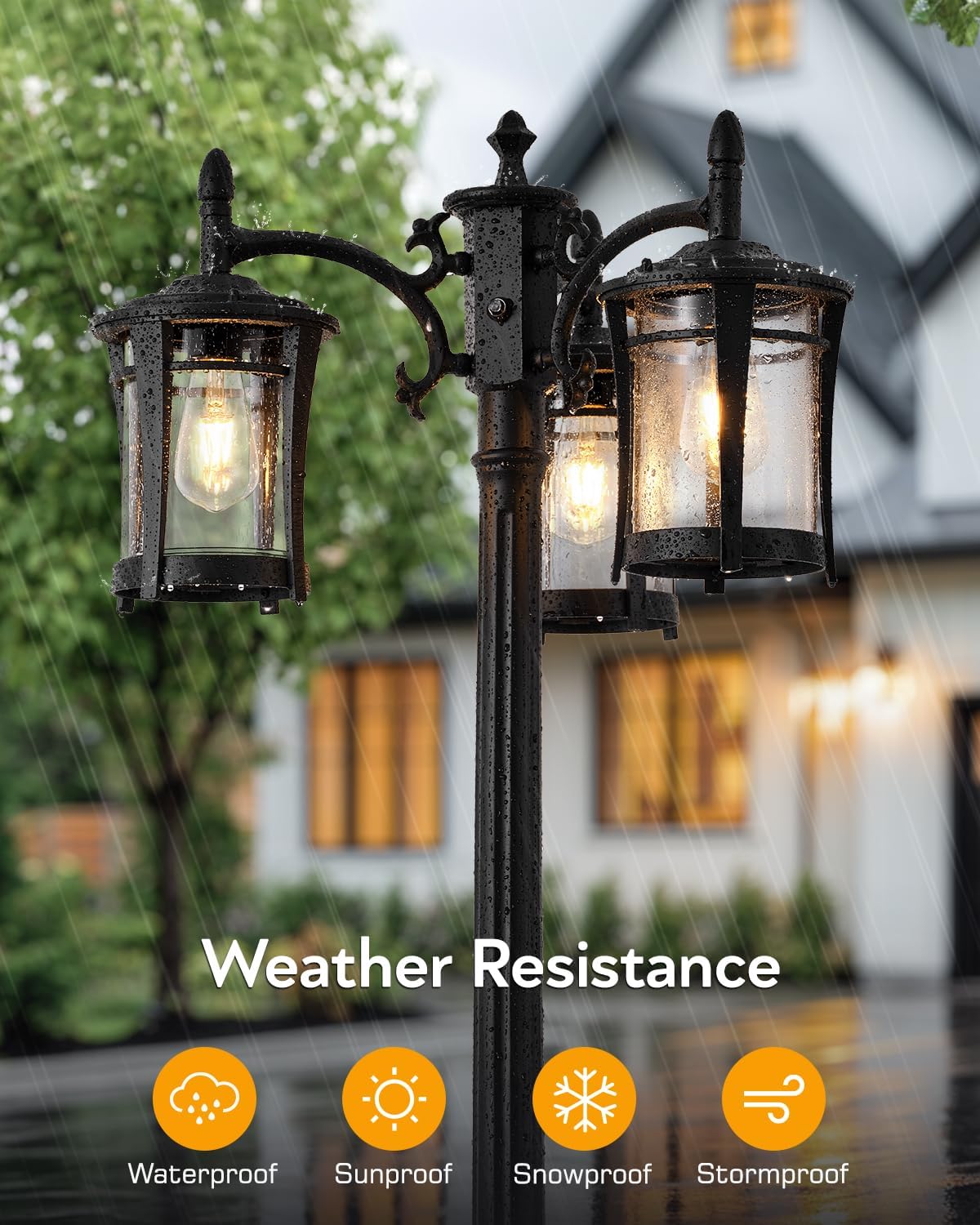 Gleamz Dusk to Dawn Outdoor Post Lights with Outlet, 3-Head Black Lamp Post Light Fixture, Anti-Rust Aluminium Outdoor Street Light Pole Mount, Exterior Posts Lighting for Garden, Hardwired Non-Solar