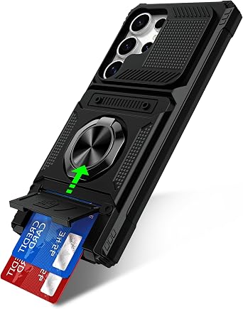 for Samsung Galaxy S24 Ultra Case with 360 Spin Ring Kickstand & Card Holder [with Screen Protector] Military Grade Cover, Heavy Duty Shockproof Protective Phone Case for Samsung S24 Ultra 5G Black
