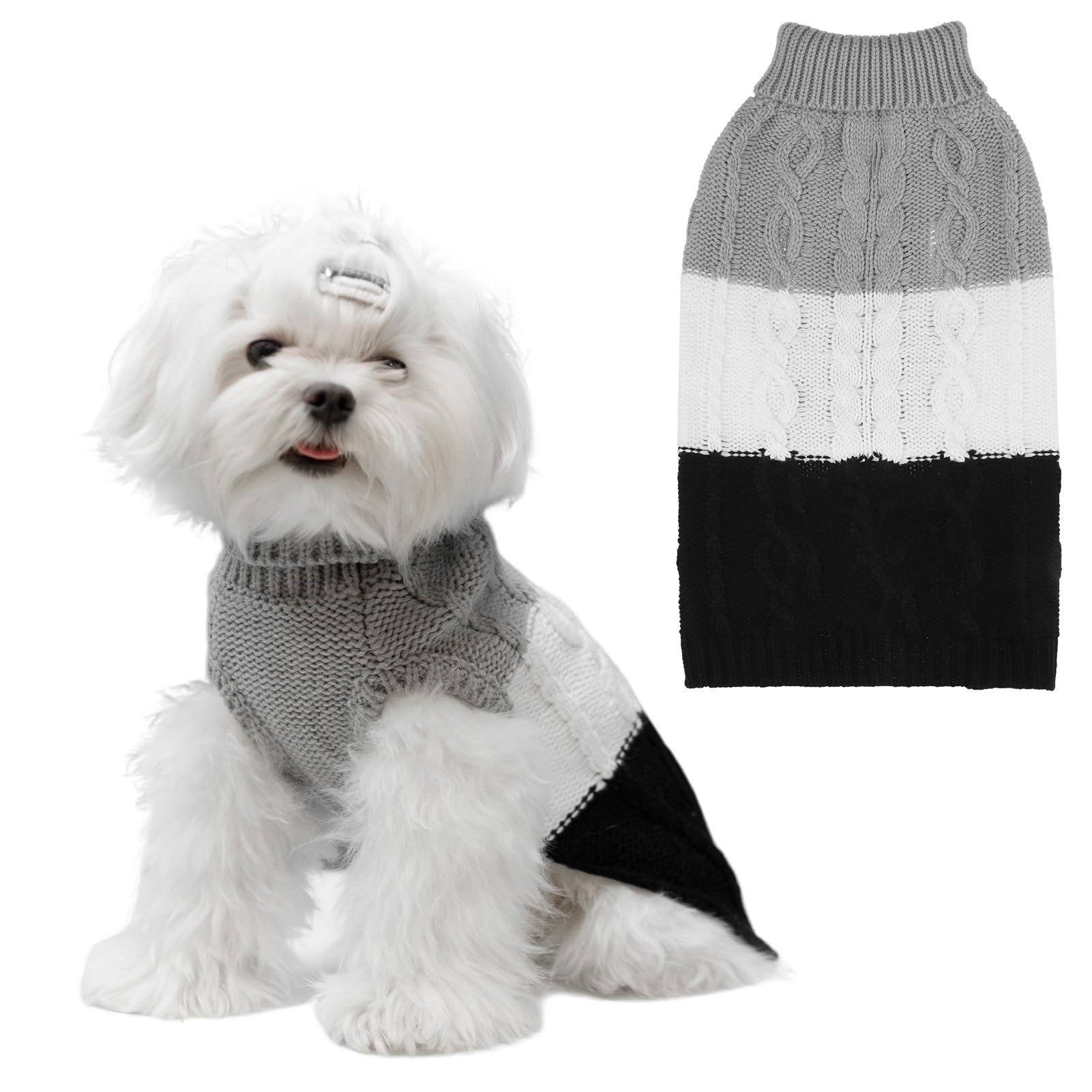 EXPAWLORER Colour Block Knitted Dog Jumper Turtle Neck, Grey S