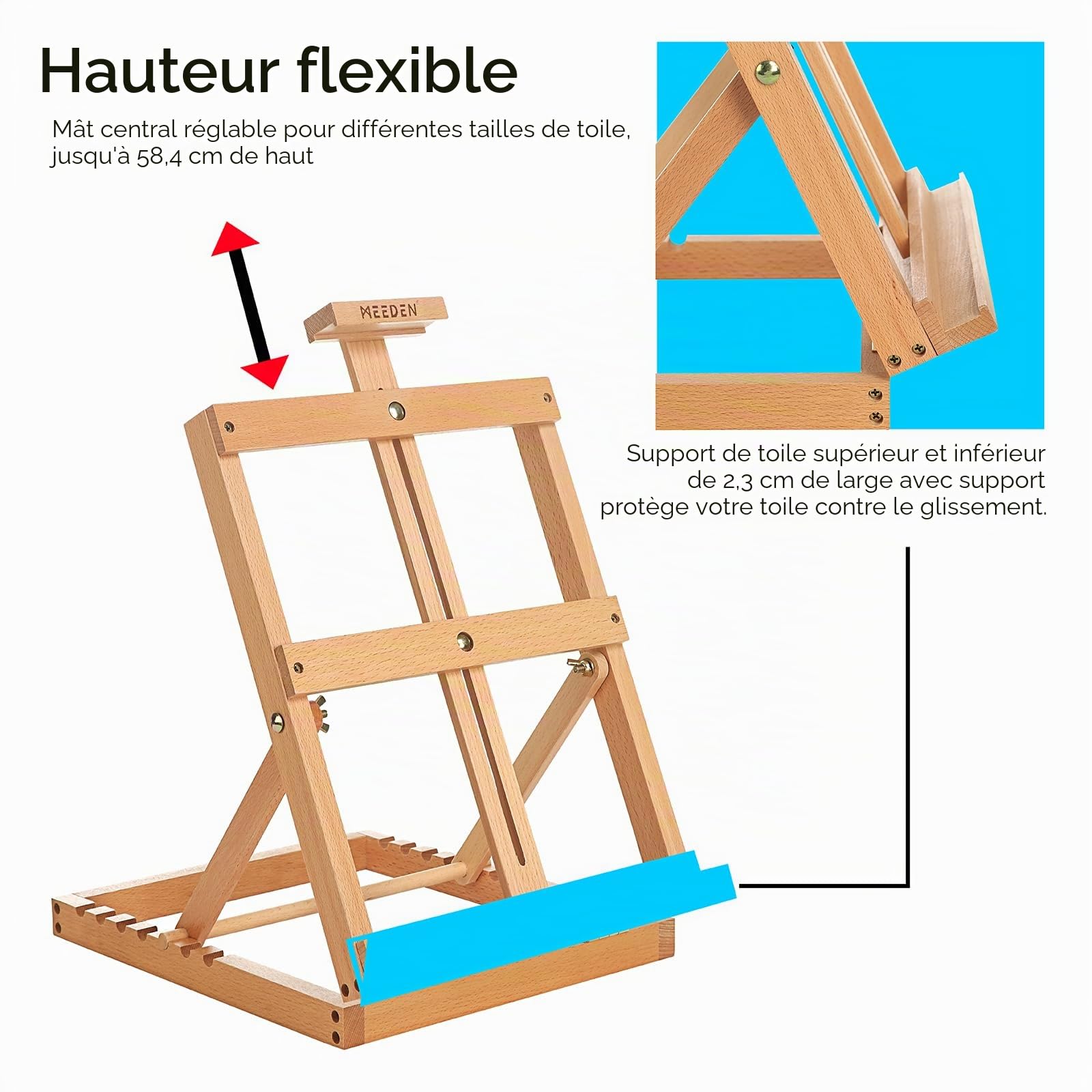 MEEDEN Chevalet de table en bois avec cadre en H réglable pour artistes - Peut contenir jusqu'à 23" toile, support de bureau portable et robuste