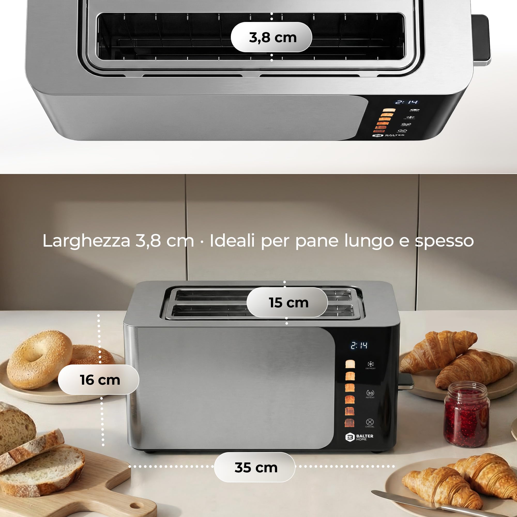 Balter Tostapane 4 fette, tostiera funzione touch, slot lungo, in acciaio inox, 1500W, toaster display LCD, tostapane a fessura lunga, funzione scongelamento, centraggio pane