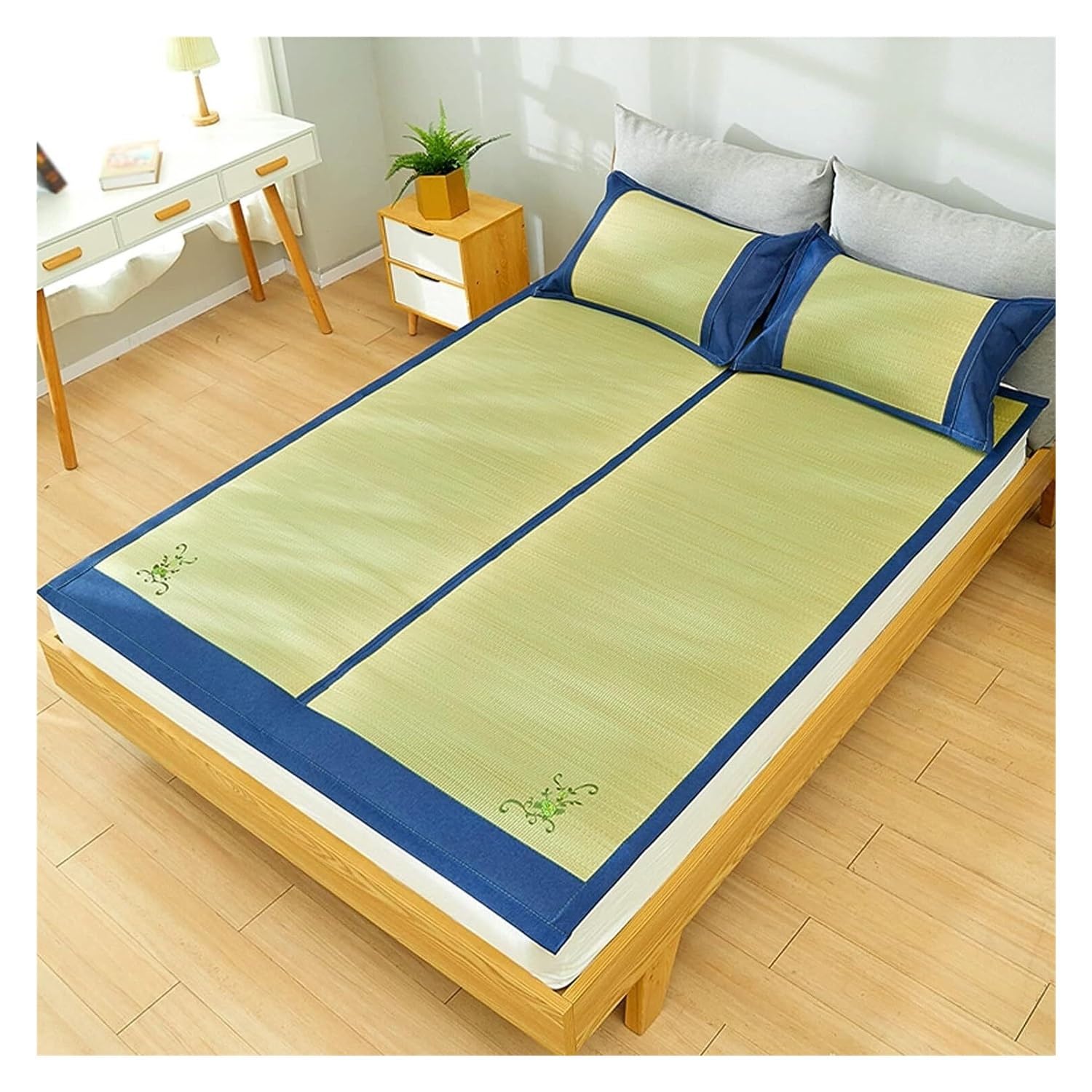 LOMNCHSG Bamboo Rattan Mat Bed, Clear Water Grass Summer Camping Sleeping Pad 1.2x1.95m To .8x2.2m With 2 Pillowcases(E,1.8 * 1.98m)