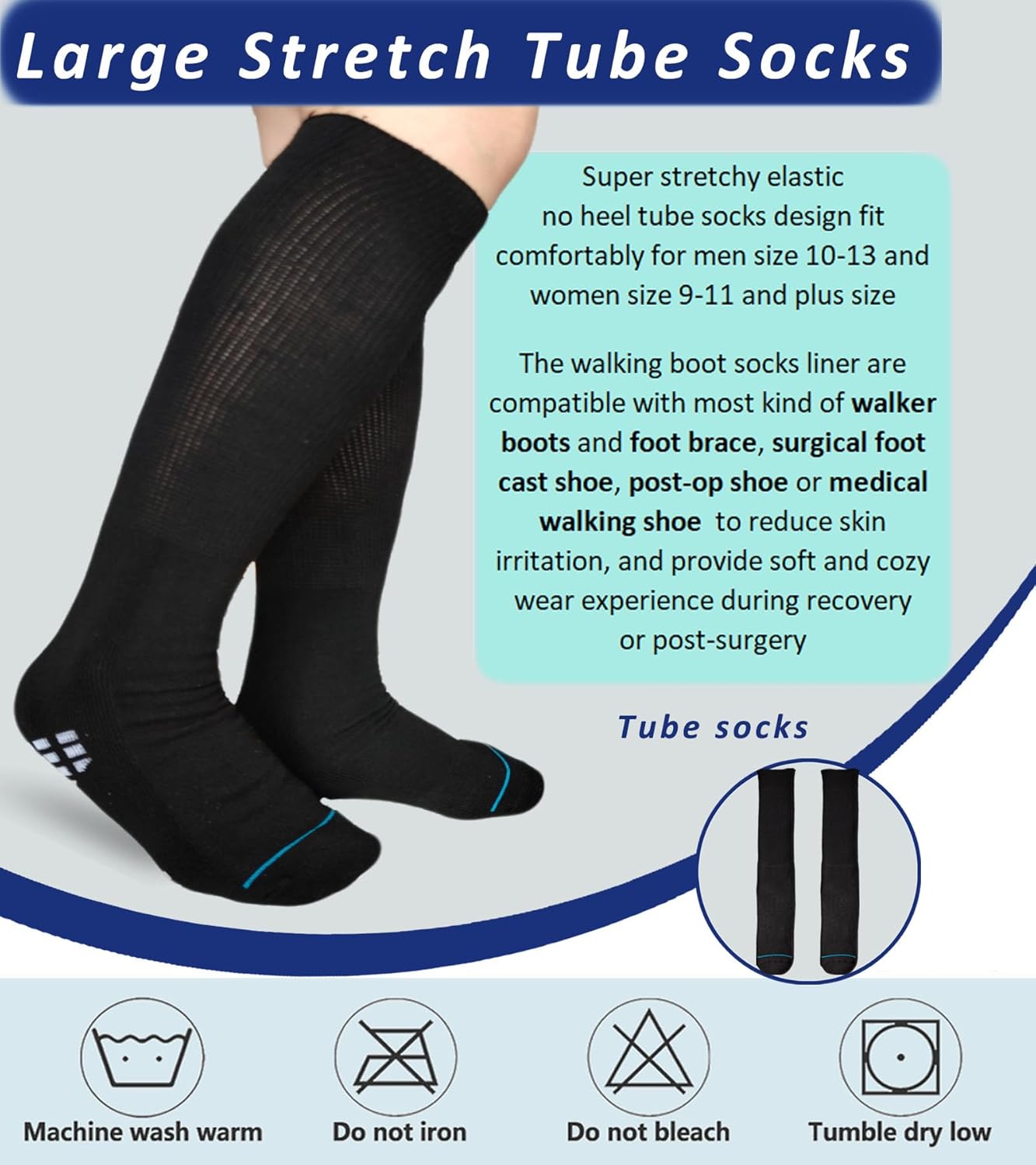 Walking Boot Sock Replacement Extra-Wide Knee High Socks for Foot Brace,Fracture Boot Men & Women 2 Pairs - Image 5