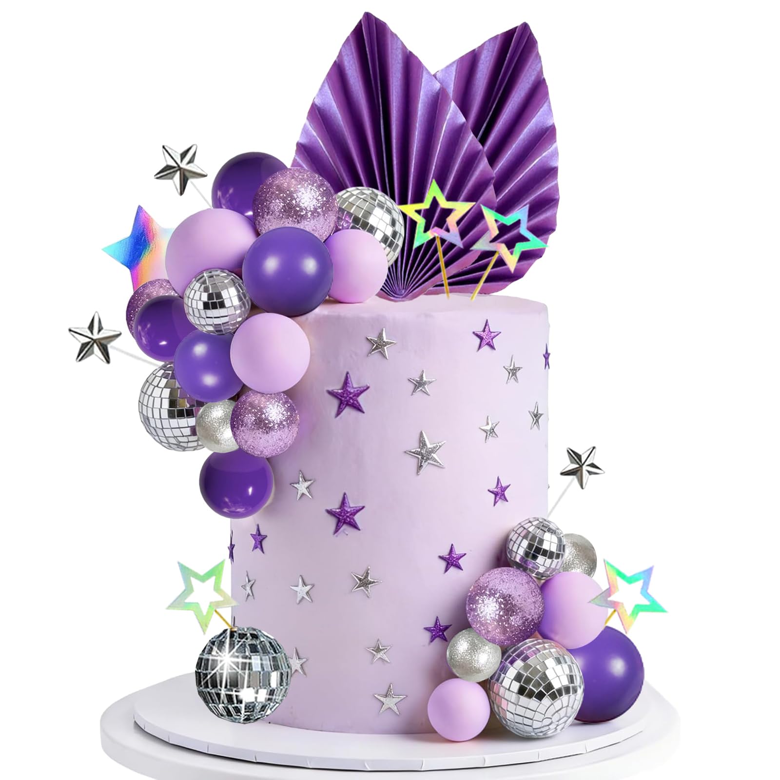 56PCS Disco Purple Ball Cake Topper Palm Leaves Star Music Cake Decorations for Wedding Birthday Baby Shower Party Cake Decoration Supplies (Purple)