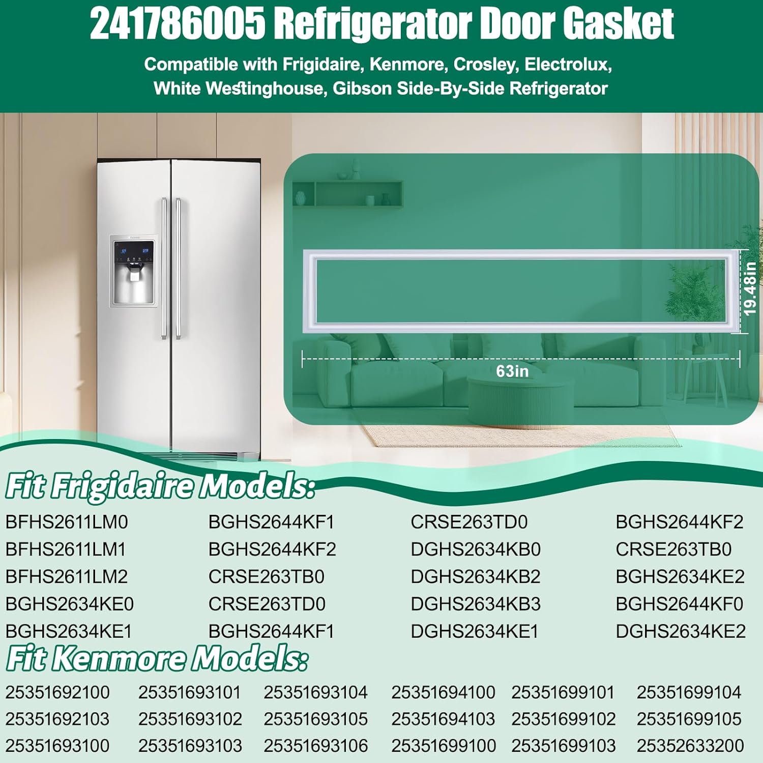UPGRADED 241786005 241786013 Refrigerator Door Gasket Replacement Compatible with Frigidaire, Kenmore, Crosley Refrigerator Fresh Food Door Seal, Replaces Part Number 241786009 7241786005