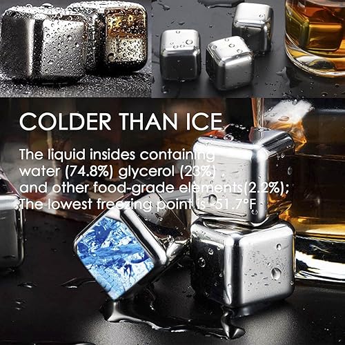 Miniatura 5 de Das TooKii Piedras de whisky de acero inoxidable, 16 cubos de hielo de metal reutilizables, piedras frías sin agua con pinzas para hielo y caja de