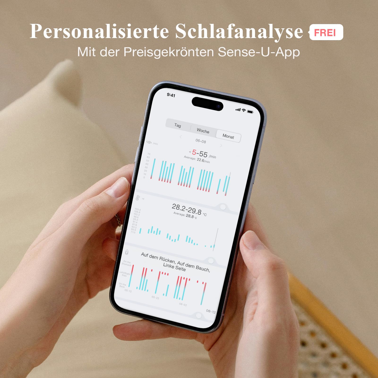 Sense-U Pro Baby-Bewegungsmonitor (große Reichweite): Erfasst Bewegung, Umdrehen & Temperatur überall, mit Vibrationswecker, akustischen Alarmen & Schlaferfassung