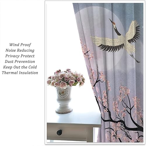 Miniatura 5 de Cortinas opacas con diseño de flor de cerezo, estilo oriental, ramas de ciruelo rosa que florecen y caen, cortinas opacas de paisaje japonés