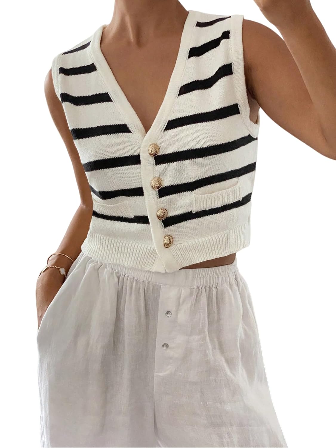 Womens Striped Knit Vest V Neck Button Sleeveless Crop Sweater Casual Chic Streetwear Layering Top