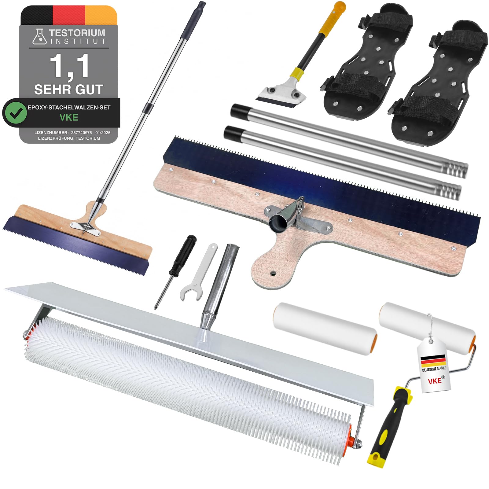 VKE Bodenbeschichtung Entlüftungswalze Set, Extra Spritzschutz | Entlüftungsroller mit 11 mm Stacheln, PP-Material Nagelschuhe,Stehrakel und Teleskopstange 162 cm, Profi Qualität