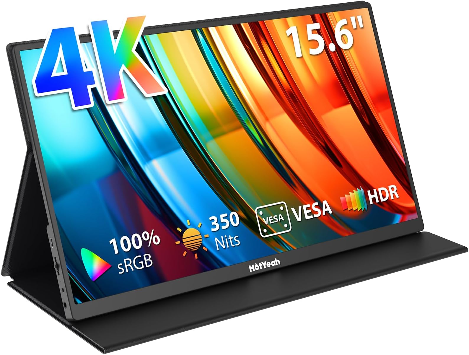 HotYeah Portable Monitor 4K, 15.6'' 3840x2160 UHD USB-C HDMI Laptop Monitor, 100% Adobe RGB HDR FreeSync External Computer Display, Travel 2nd Screen with Speakers Cover VESA