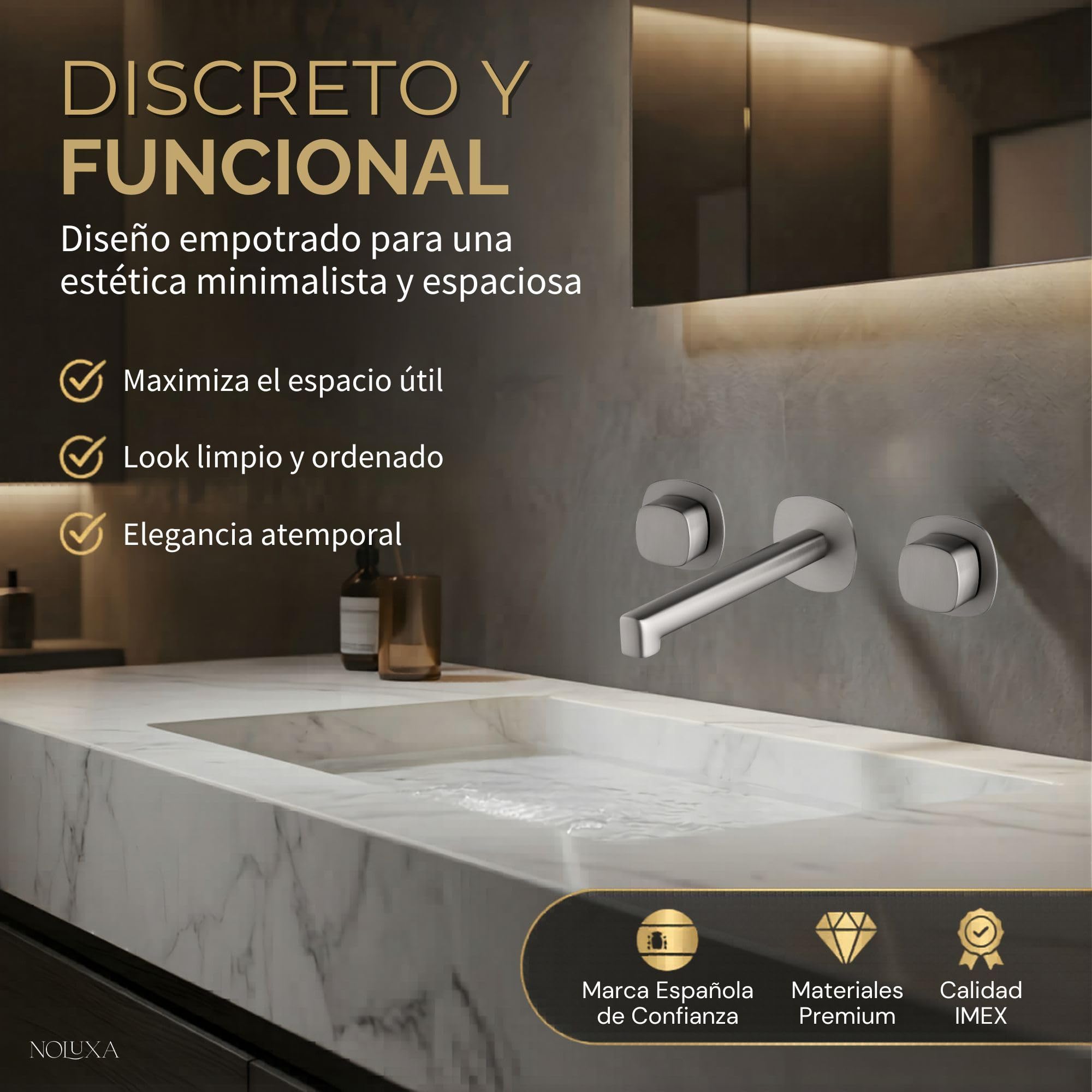 IMEX - Grifo Lavabo Empotrado Níquel Cepillado | Grifo de Lavabo Bimando Pared Mezclador Agua Fría y Caliente | Grifería en Latón con Cartucho Cerámico Ø35mm | Serie Toscana