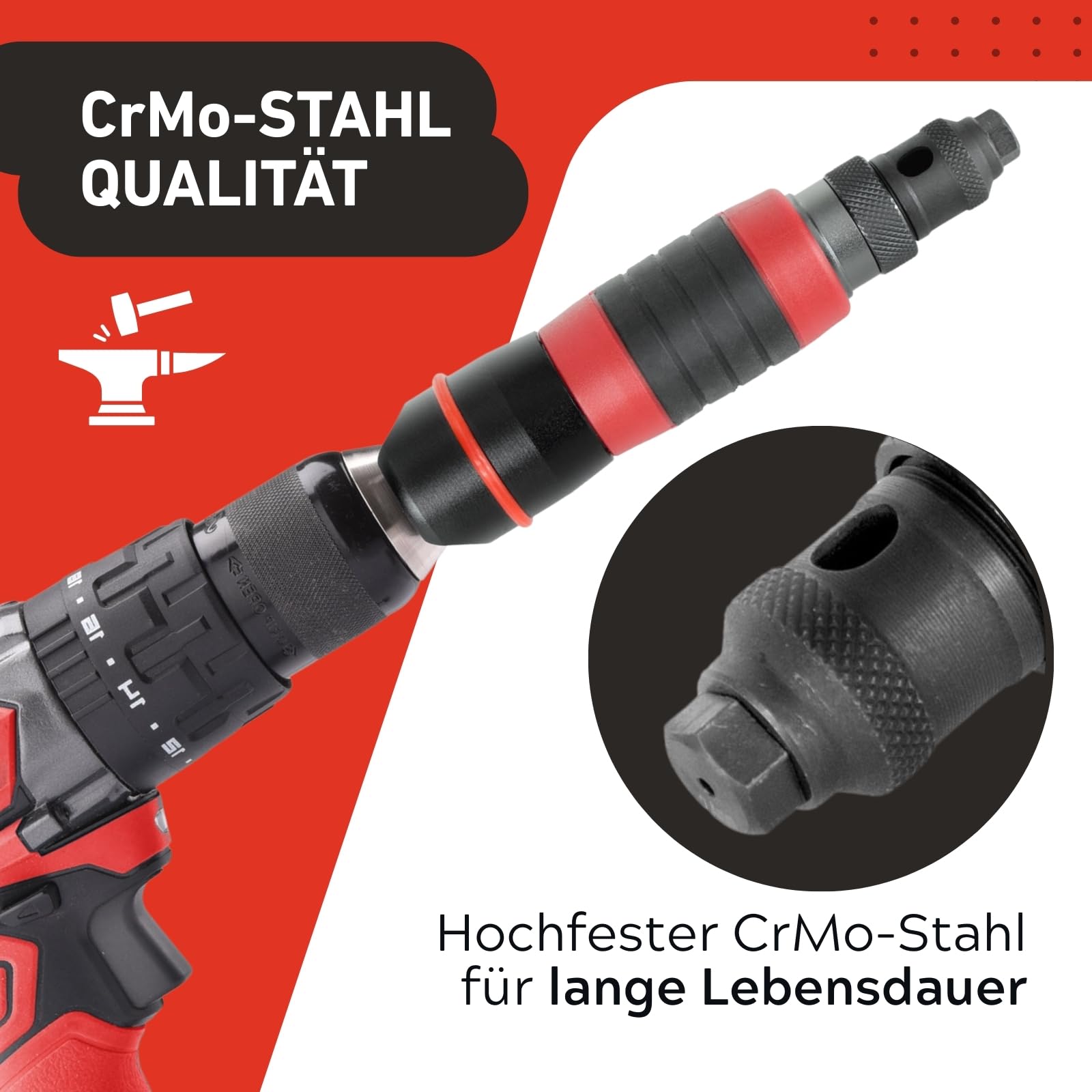 Nietenaufsatz - Für Bohrmaschine & Akkuschrauber mit 6mm Sechskantaufnahme - Blindnietzange für 2,4-4,8mm Nieten - Universeller Nietaufsatz für Aluminium, Stahl & Edelstahl Blindnieten